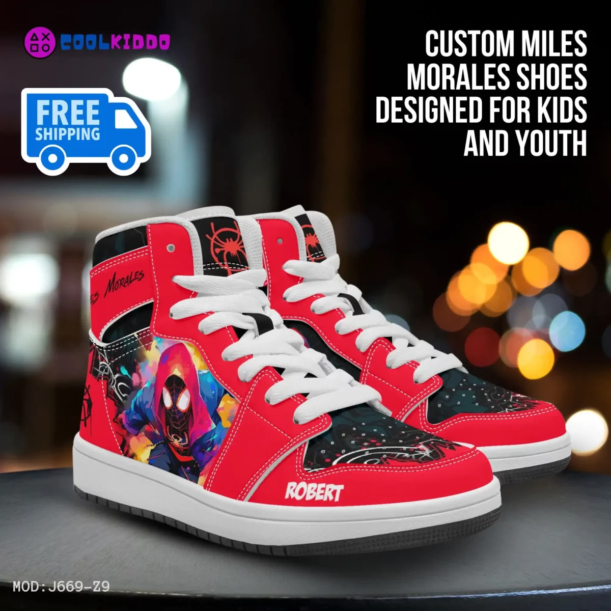 Personalized Spiderman Sneakers for Kids | Miles Morales Spider Verse Character High-Top Leather Black and Red Shoes Cool Kiddo 10