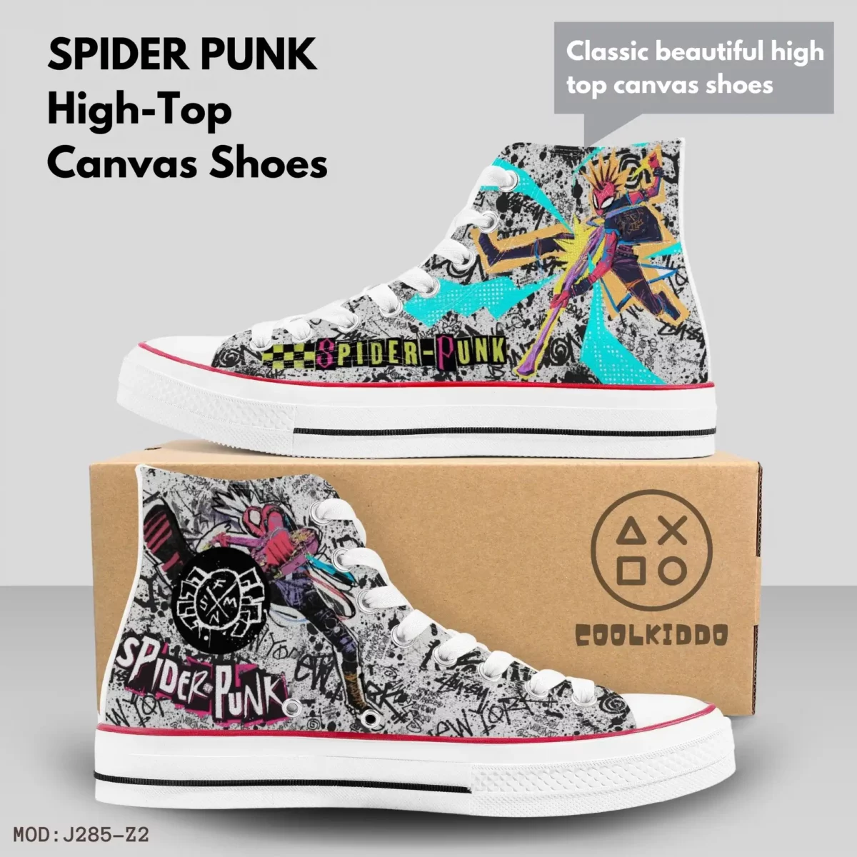 Spiderman Spider Punk High-Top Canvas Shoes from the Spider-Verse Movie | Adult/Youth – White Sole Spiderman Sneakers Cool Kiddo 12