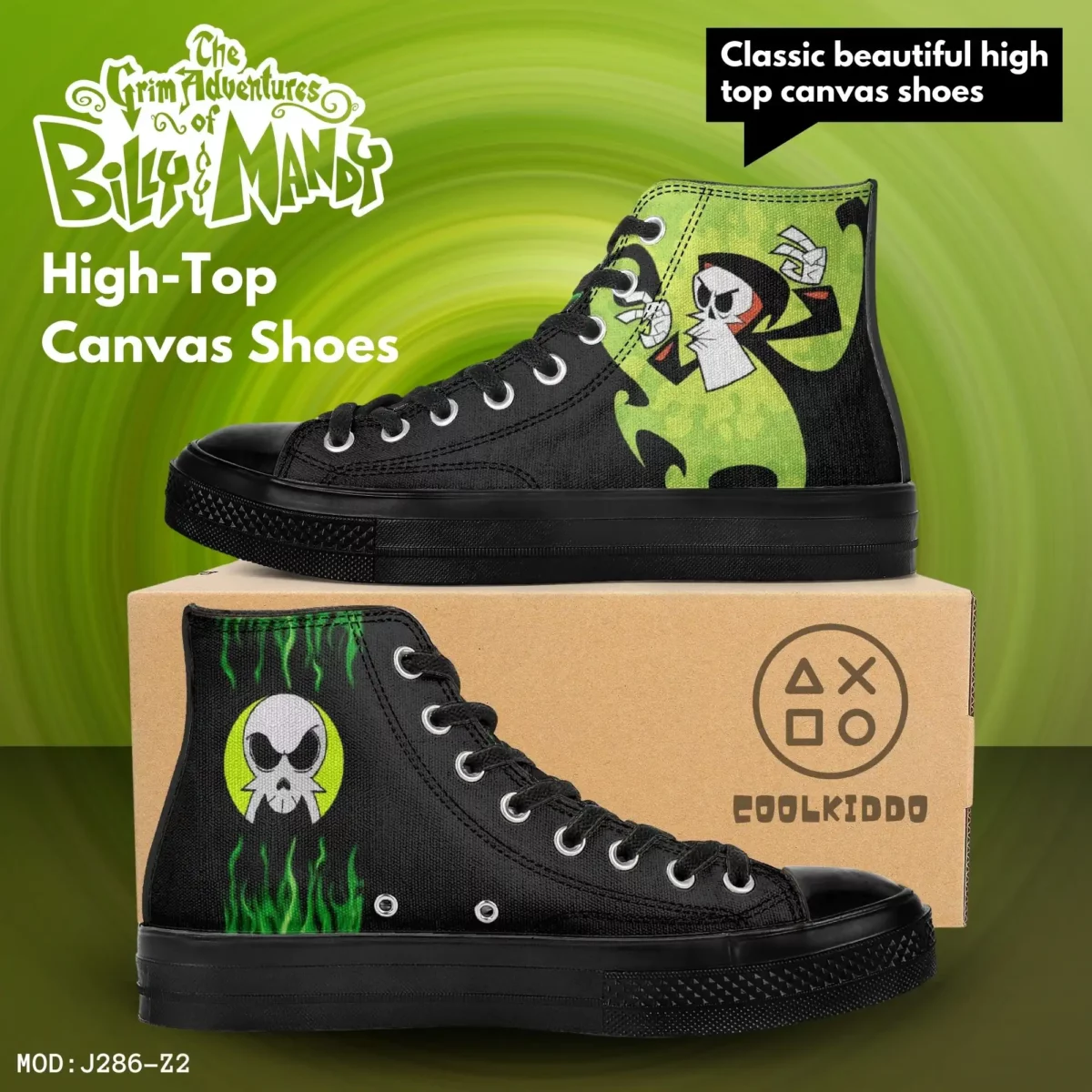 Grim Black and Green High-Top Canvas Shoes | From The Grim Adventures of Billy and Mandy | Adult/Youth – Black Sole Grim Sneakers Cool Kiddo 10