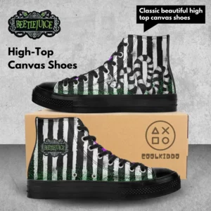 Custom Beetlejuice High-Top Canvas Shoes | From the Beetlejuice Movie | Adult/Youth – Black Sole Sneakers Cool Kiddo