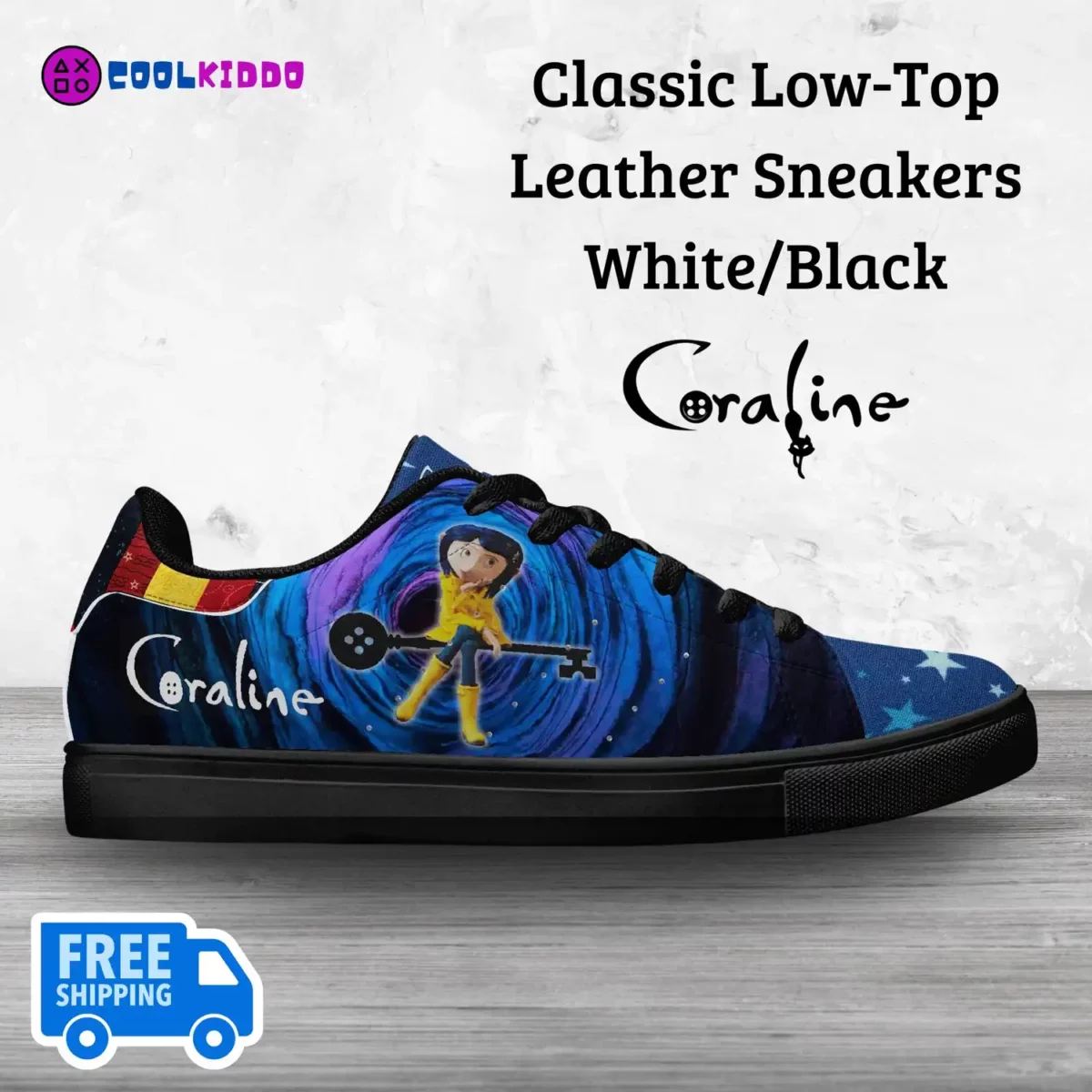 Custom Coraline Movie Inspired Classic Low-Top Leather Sneakers – White/Black – Unisex Casual Shoes Cool Kiddo 10