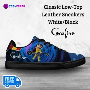 Custom Coraline Movie Inspired Classic Low-Top Leather Sneakers – White/Black – Unisex Casual Shoes Cool Kiddo