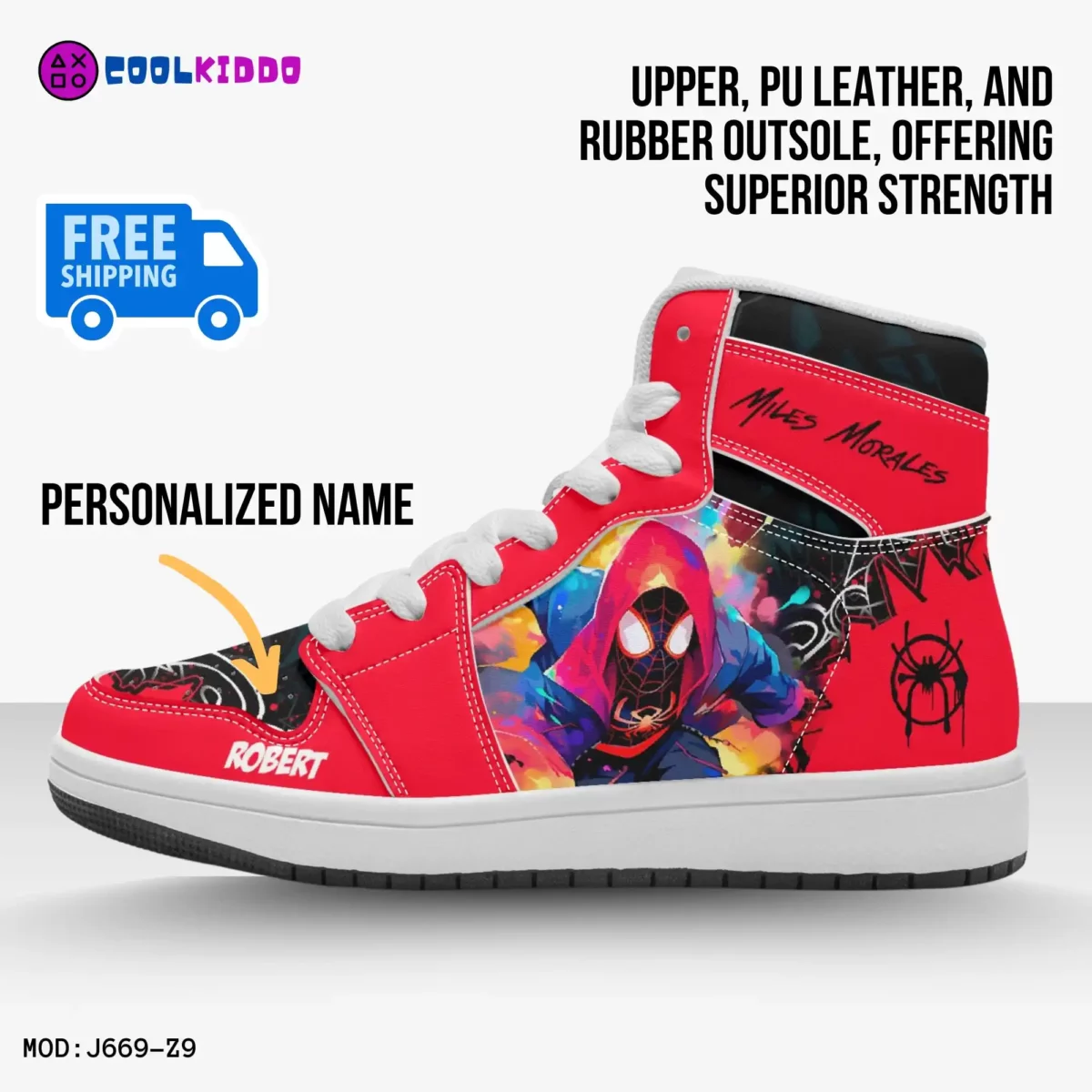 Personalized Spiderman Sneakers for Kids | Miles Morales Spider Verse Character High-Top Leather Black and Red Shoes Cool Kiddo 12