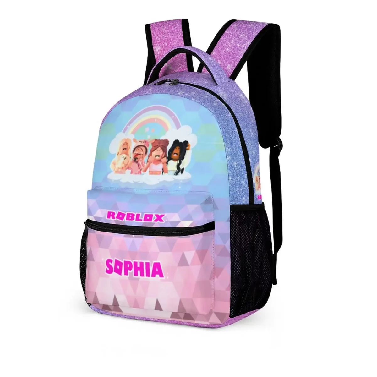 Geometric Pink and Purple, Roblox Avatars Girls Backpack with Customizable Name Cool Kiddo 10