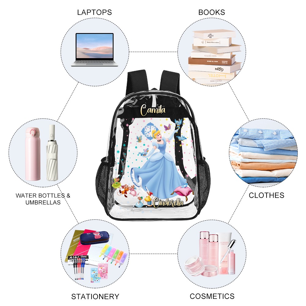Personalized Disney’s Cinderella – Transparent Bag 17-inch 2024 New Clear Backpack Cool Kiddo 18