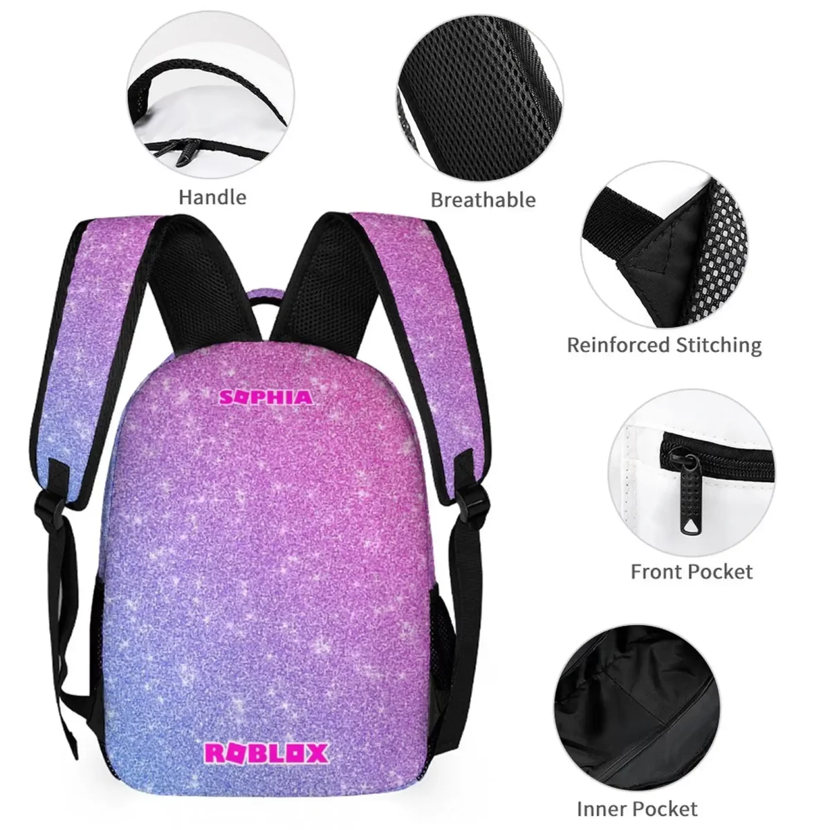 Geometric Pink and Purple, Roblox Avatars Girls Backpack with Customizable Name Cool Kiddo 18