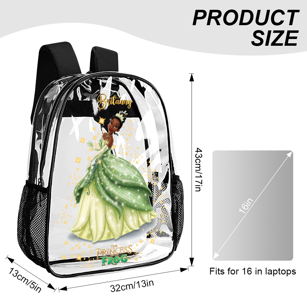 Personalized Disney’s PrincessTiana from Frog – Transparent Bag 17 inch 2024 New Backpack Cool Kiddo 18
