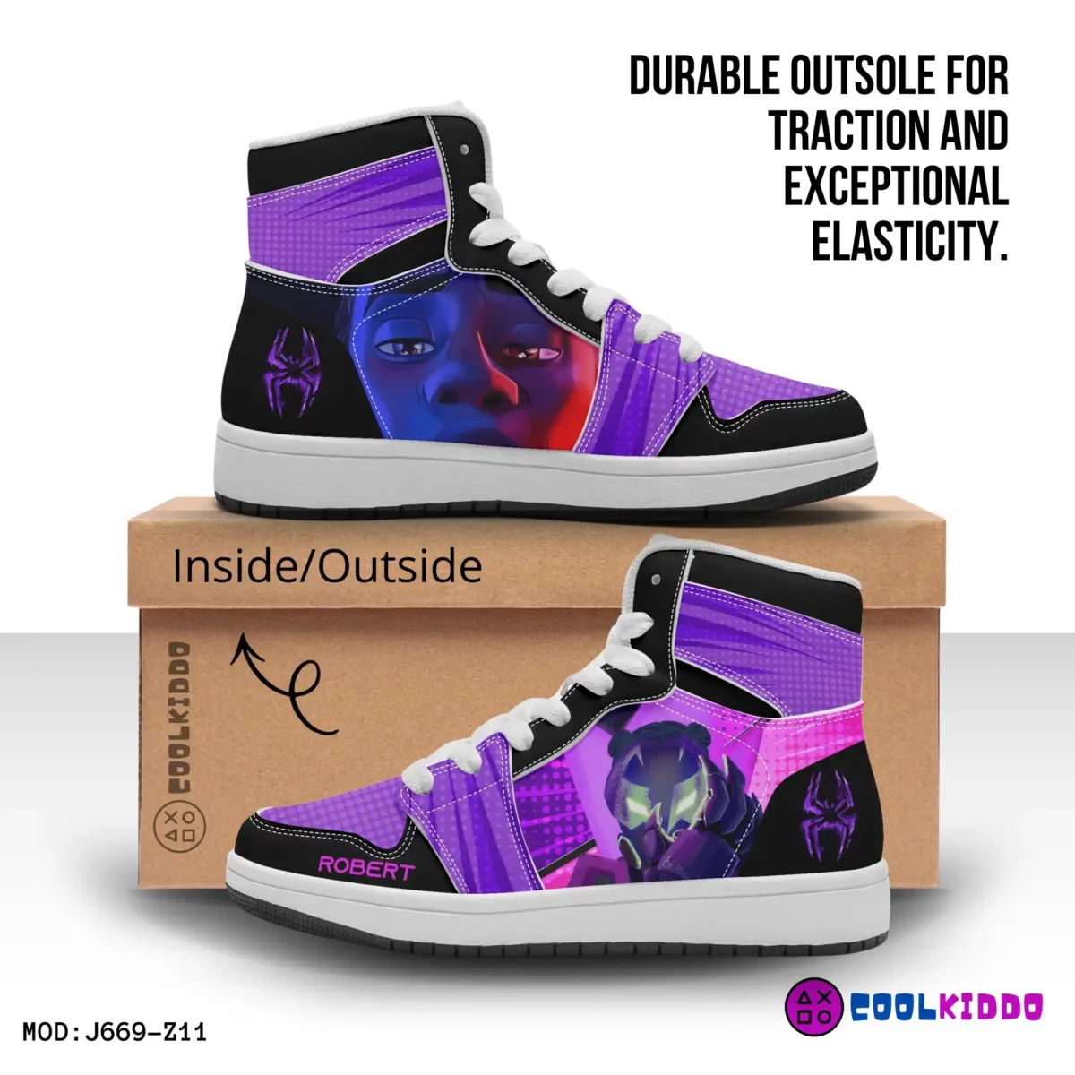 Personalized Miles Morales Spider Verse Earth 42 Prowler High-Top Leather Black Purple Cool Kiddo 12