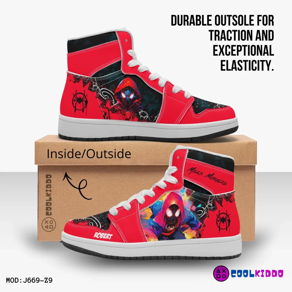 Personalized Spiderman Sneakers for Kids | Miles Morales Spider Verse Character High-Top Leather Black and Red Shoes Cool Kiddo 24