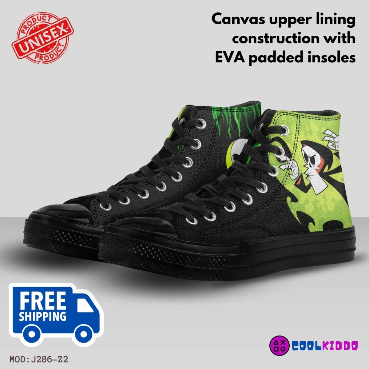 Grim Black and Green High-Top Canvas Shoes | From The Grim Adventures of Billy and Mandy | Adult/Youth – Black Sole Grim Sneakers Cool Kiddo 16