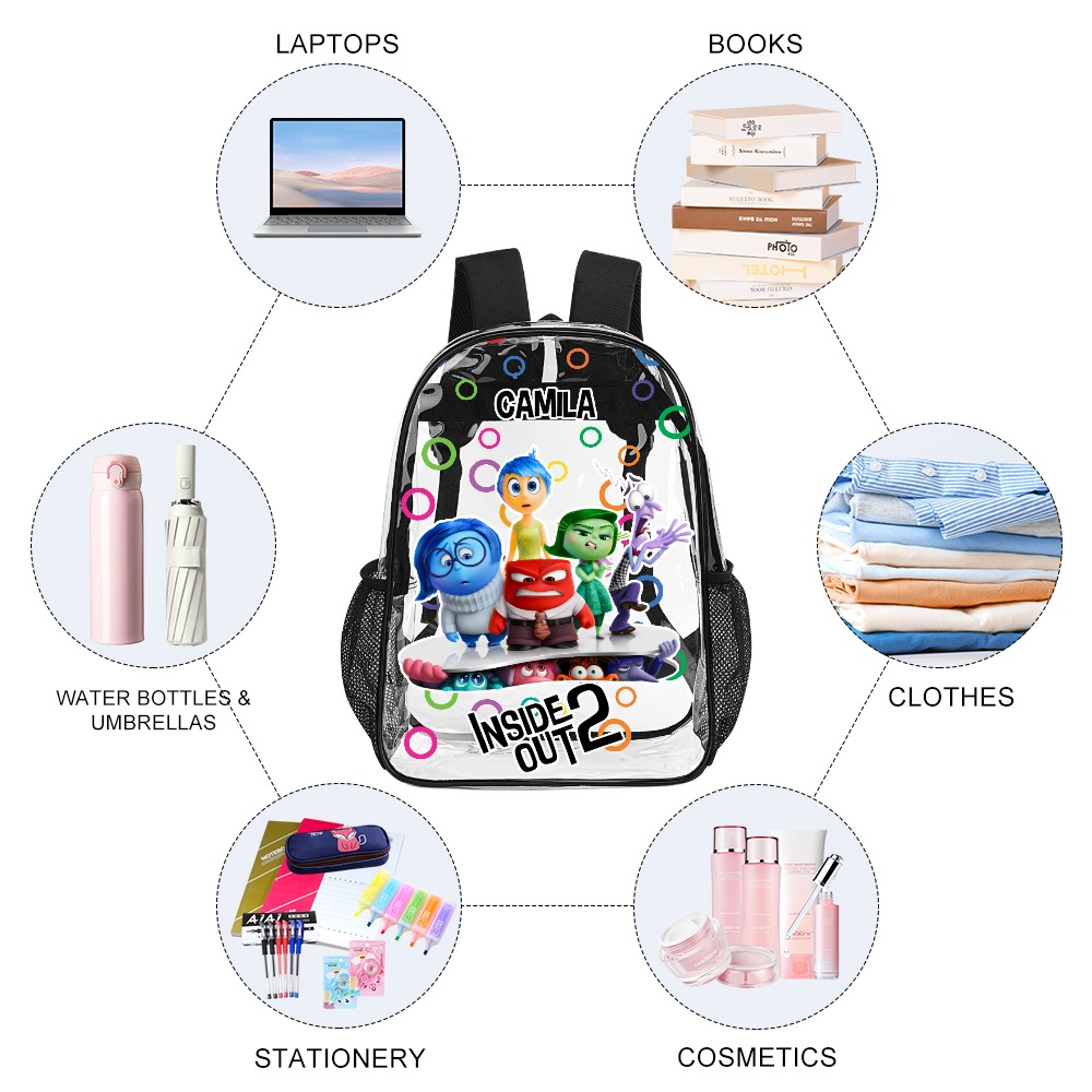 Personalized Inside Out 2 Movie Customizable Transparent Book Bag 17 inch 2024 New Clear Backpack Cool Kiddo 22