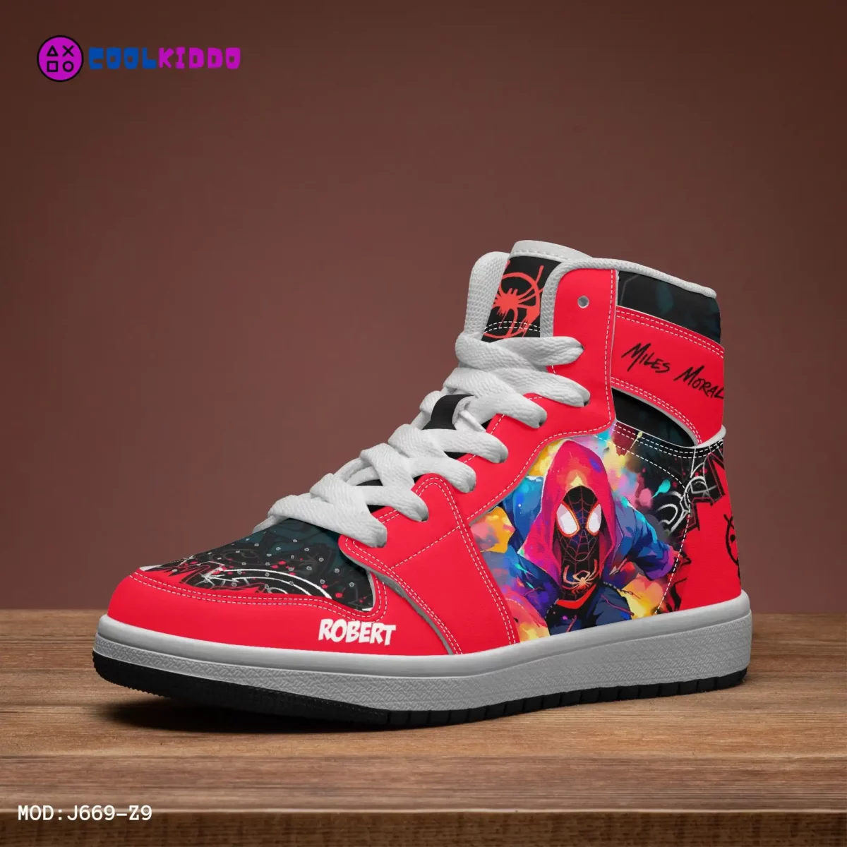 Personalized Spiderman Sneakers for Kids | Miles Morales Spider Verse Character High-Top Leather Black and Red Shoes Cool Kiddo 20