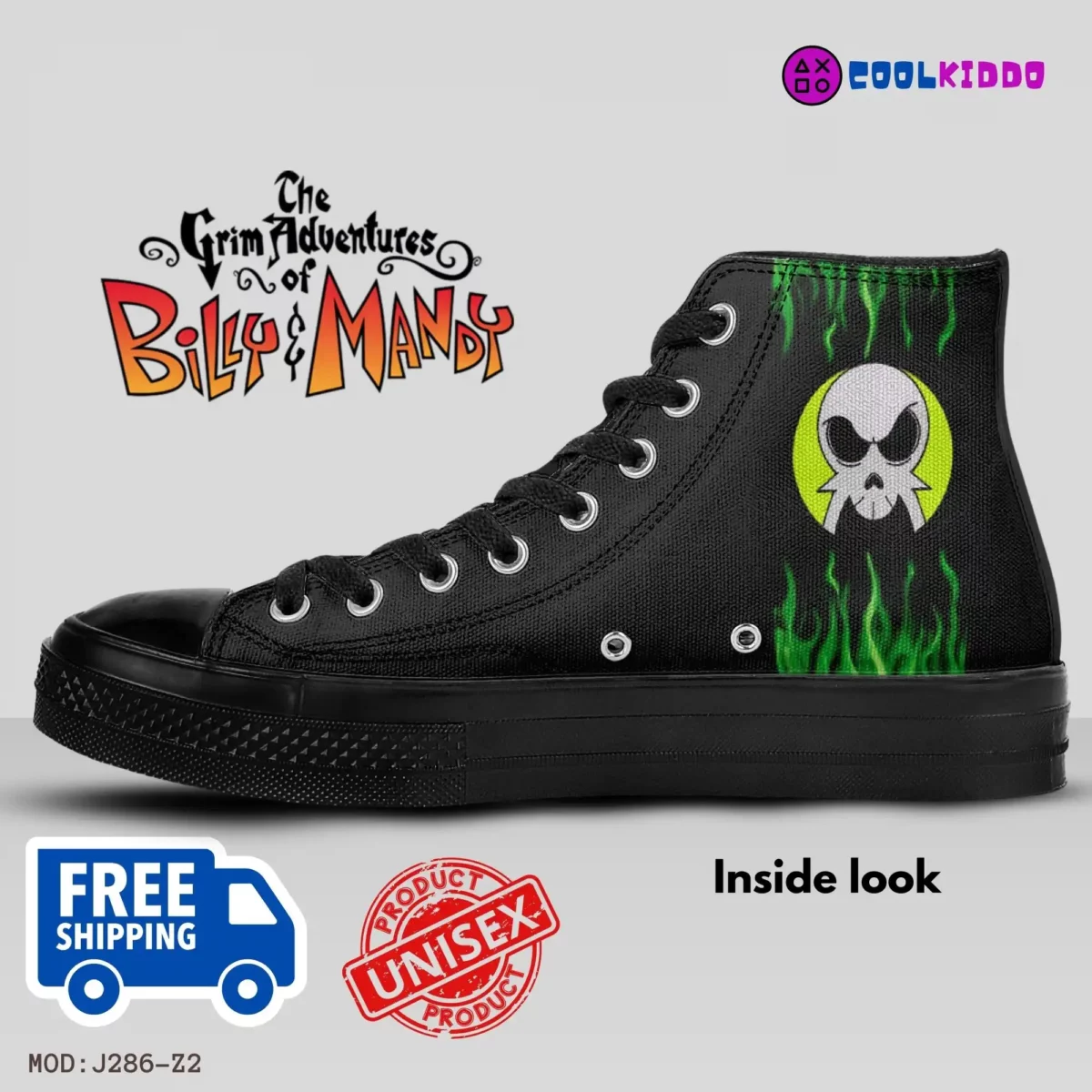 Grim Black and Green High-Top Canvas Shoes | From The Grim Adventures of Billy and Mandy | Adult/Youth – Black Sole Grim Sneakers Cool Kiddo 18