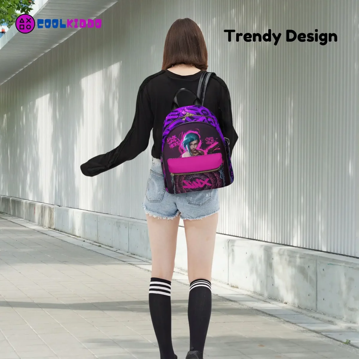 Jinx Character LoL Art Graffiti Style Mini Leather Backpack for Girls/Youth Cool Kiddo 18