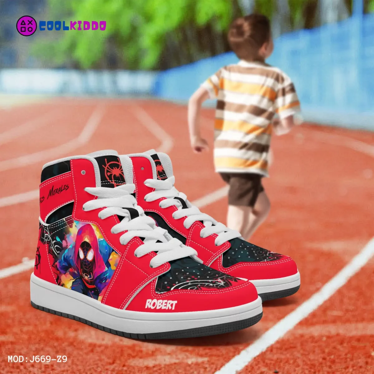 Personalized Spiderman Sneakers for Kids | Miles Morales Spider Verse Character High-Top Leather Black and Red Shoes Cool Kiddo 16