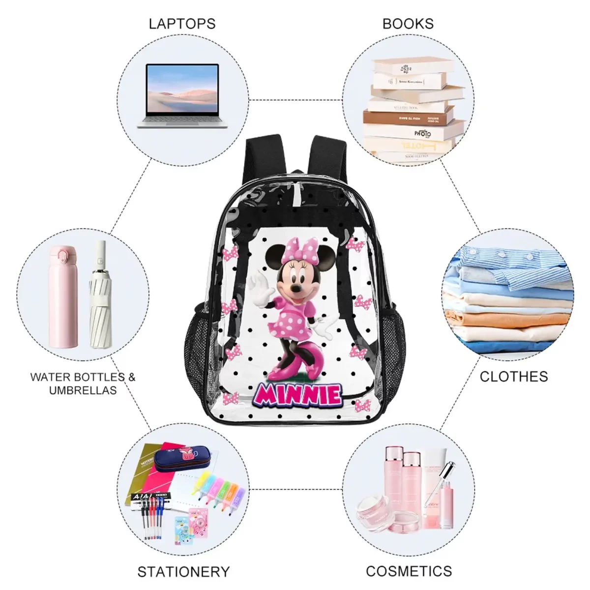 Minney Mouse Personalized Transparent Backpack – 17 Inches Clear Book Bag Cool Kiddo 22