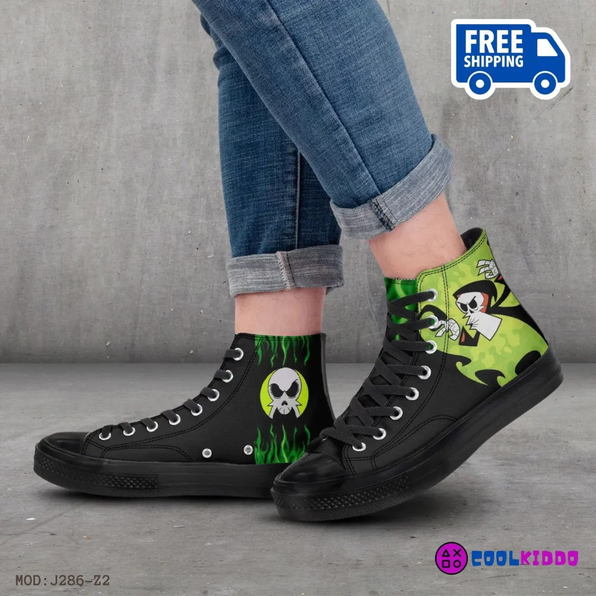 Grim Black and Green High-Top Canvas Shoes | From The Grim Adventures of Billy and Mandy | Adult/Youth – Black Sole Grim Sneakers Cool Kiddo 20