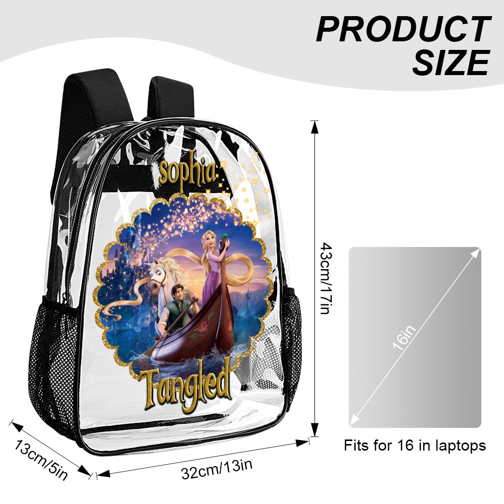 Personalized Tangled Princess Transparent Bag 17 inch 2024 New Clear Backpack Cool Kiddo 16