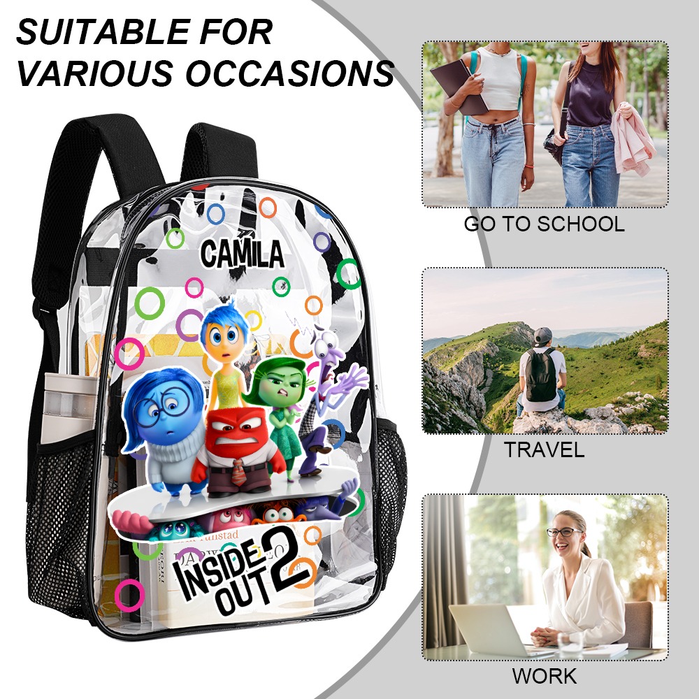 Personalized Inside Out 2 Movie Customizable Transparent Book Bag 17 inch 2024 New Clear Backpack Cool Kiddo 18