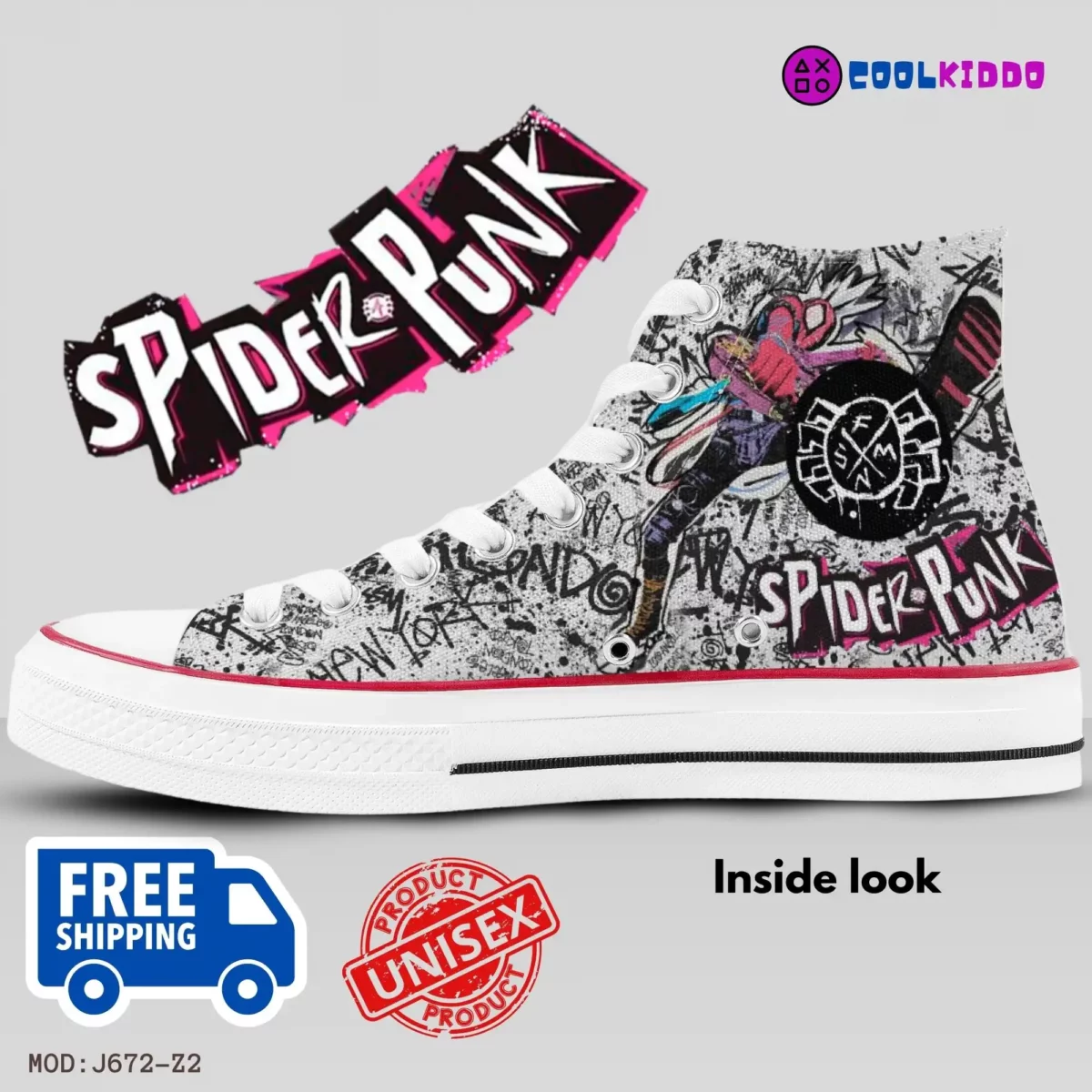 Spiderman Spider Punk High-Top Canvas Shoes from the Spider-Verse Movie | Adult/Youth – White Sole Spiderman Sneakers Cool Kiddo 10