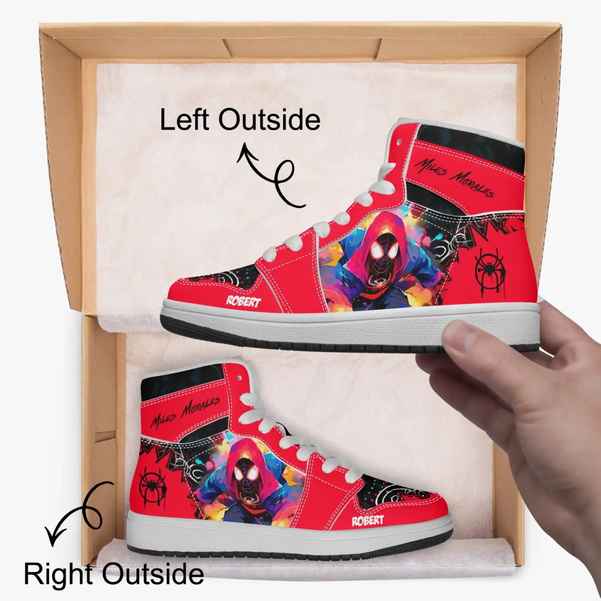 Personalized Spiderman Sneakers for Kids | Miles Morales Spider Verse Character High-Top Leather Black and Red Shoes Cool Kiddo 14