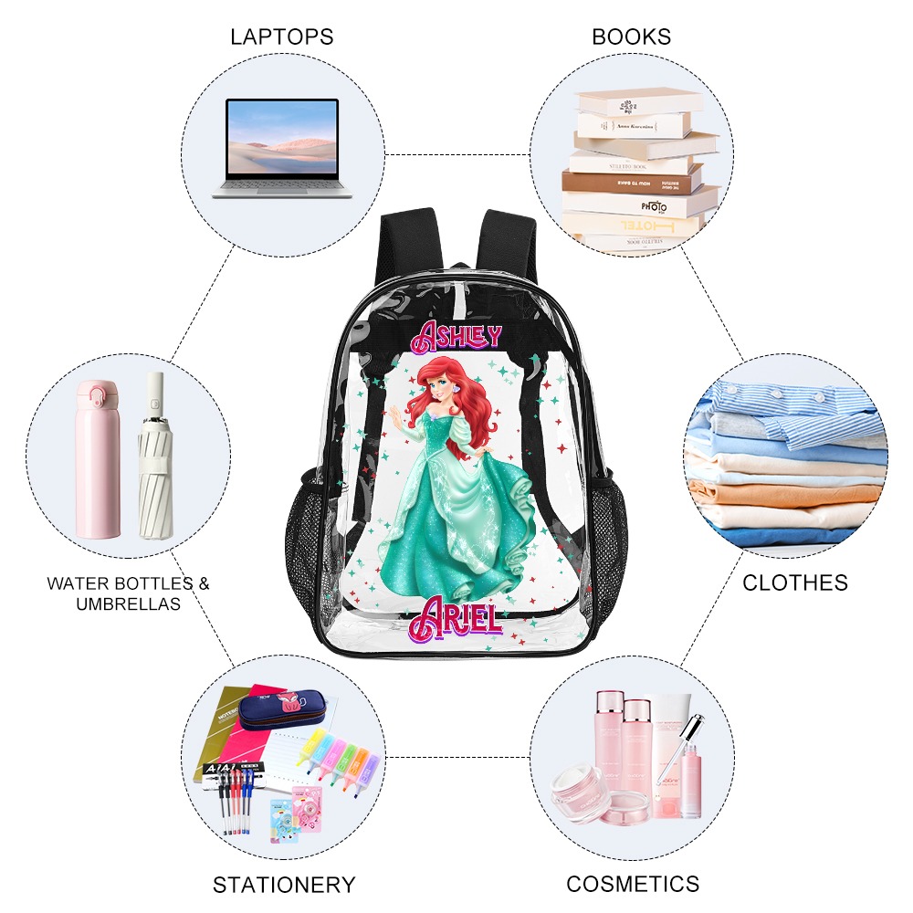 Personalized Disney’s Princess Ariel – Transparent Bag 17-inch 2024 New Clear Backpack Cool Kiddo 12