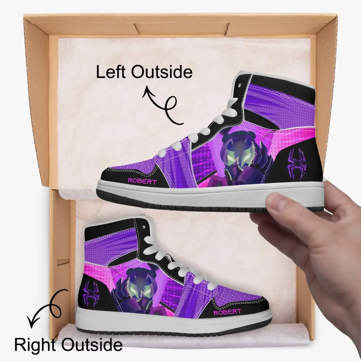 Personalized Miles Morales Spider Verse Earth 42 Prowler High-Top Leather Black Purple Cool Kiddo 16