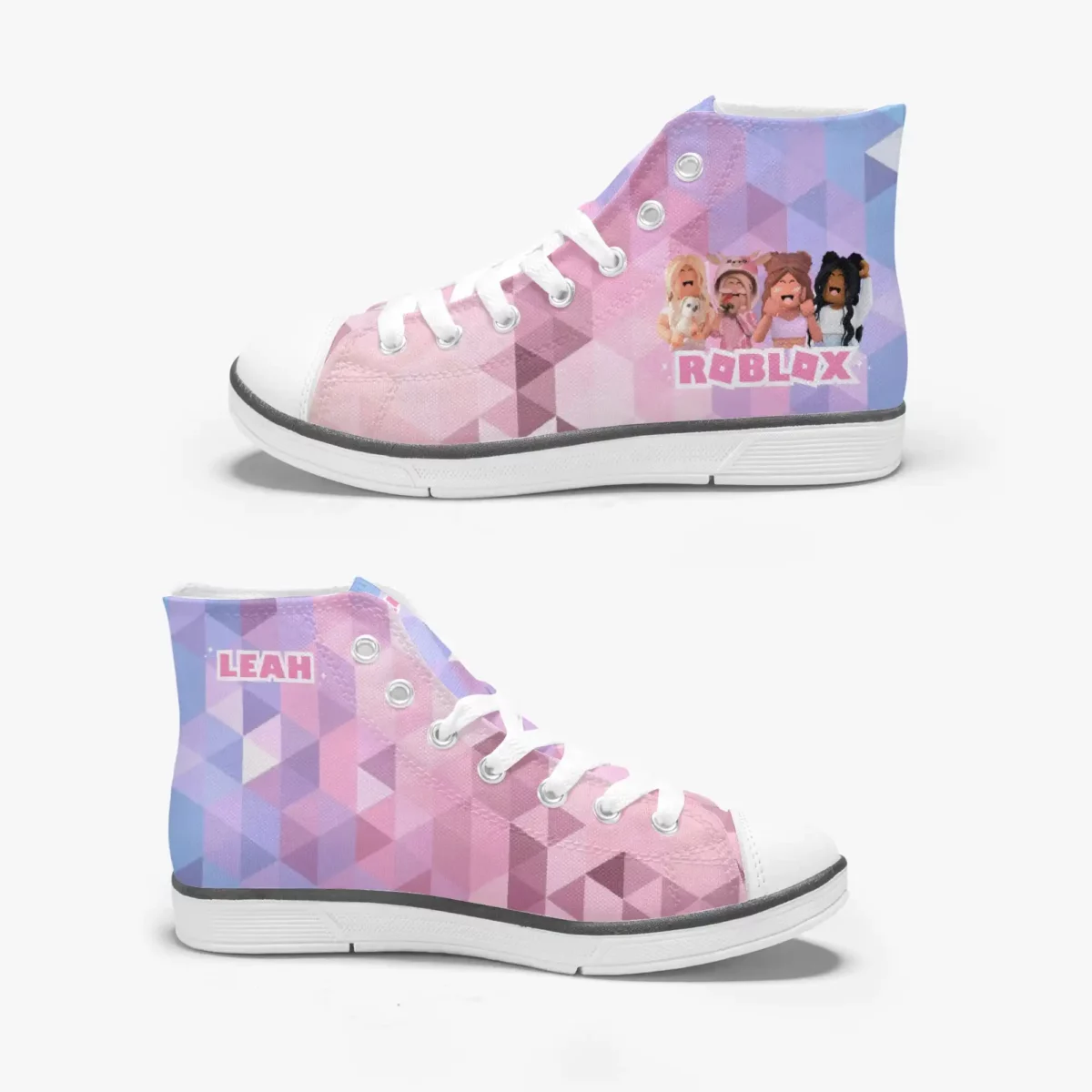 Roblox Girls Personalized High-Top Sneakers for Children – Pink and Purple geometric background Cool Kiddo 18