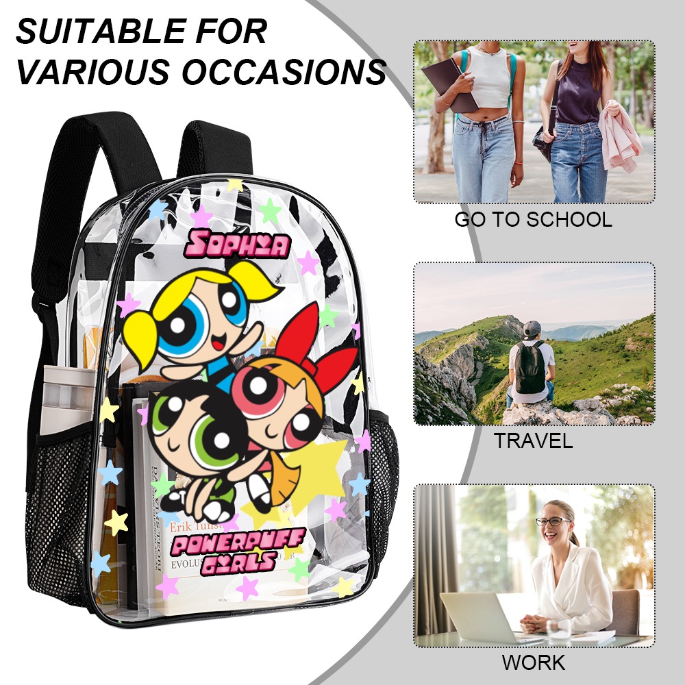 Personalized Clear Backpack The Powerpuff Girls – Transparent Bag 17 inch 2024 New Cool Kiddo 18