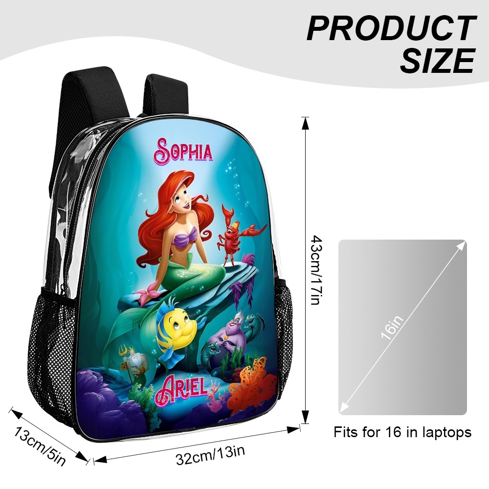 Personalized Ariel The little Mermaid Transparent Bag 17 inch 2024 New Clear Backpack Cool Kiddo 14