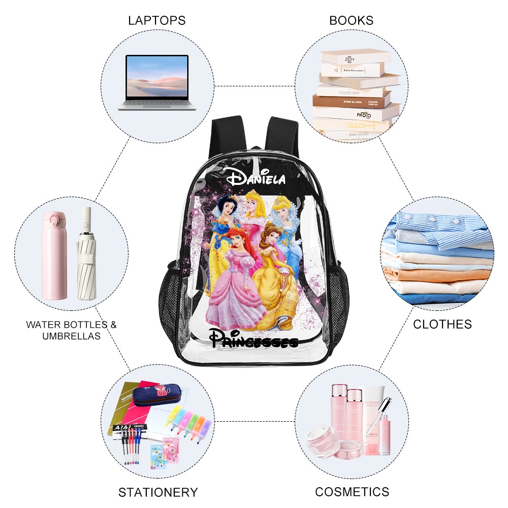 Personalized Disney Princesses Transparent 17-Inch Clear Backpack – Stylish and Functional for All Occasions 🎒👑 Cool Kiddo 12