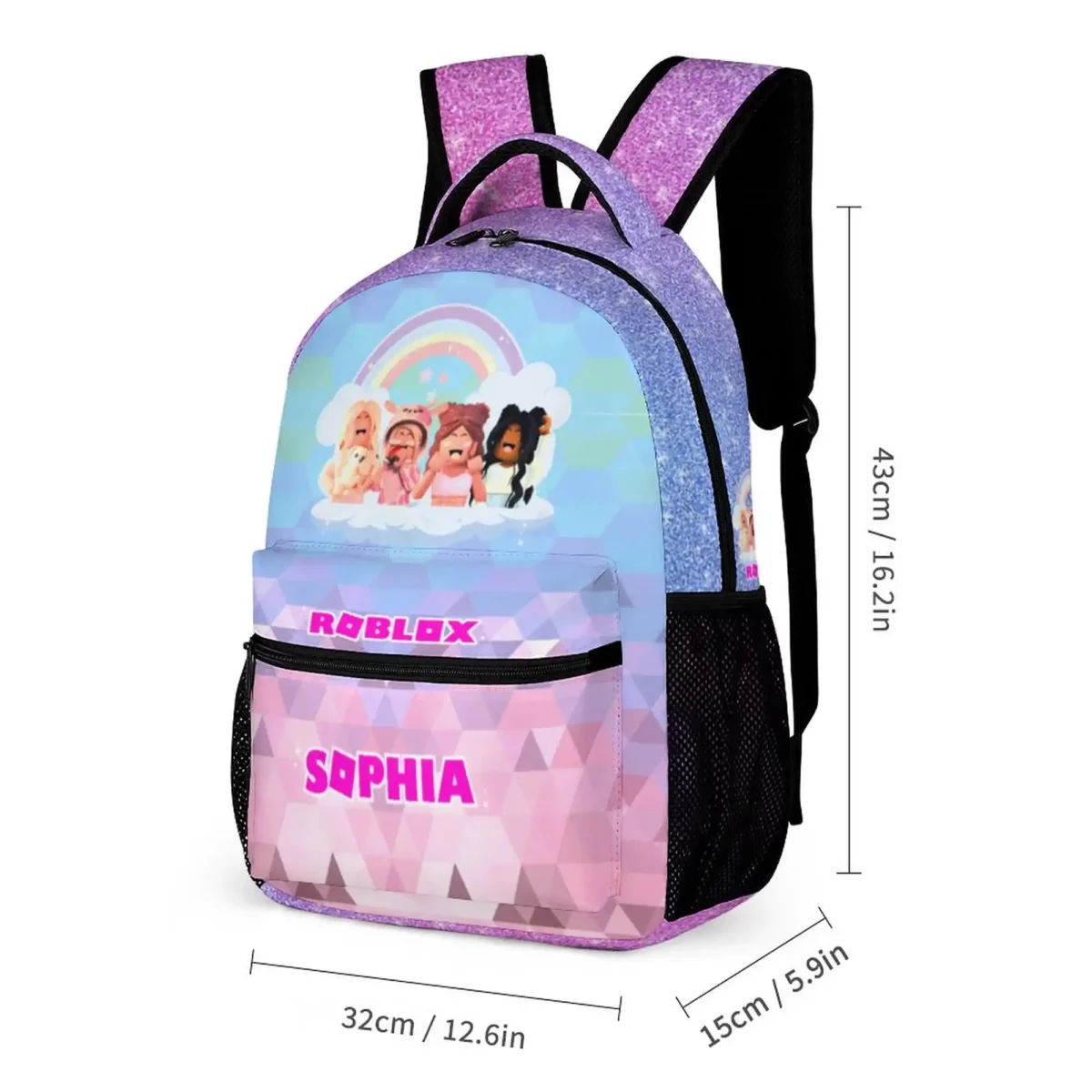 Geometric Pink and Purple, Roblox Avatars Girls Backpack with Customizable Name Cool Kiddo 24