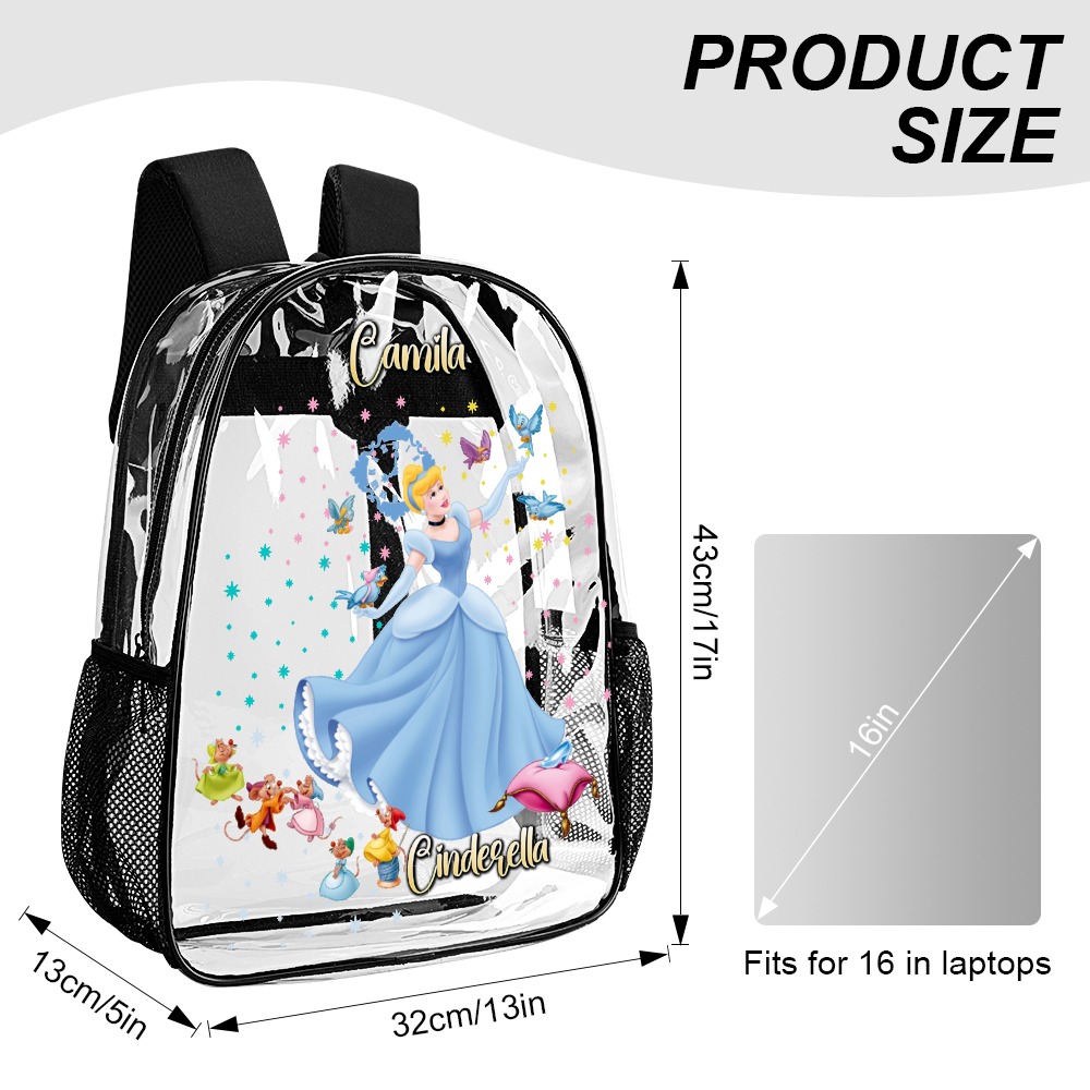 Personalized Disney’s Cinderella – Transparent Bag 17-inch 2024 New Clear Backpack Cool Kiddo 14