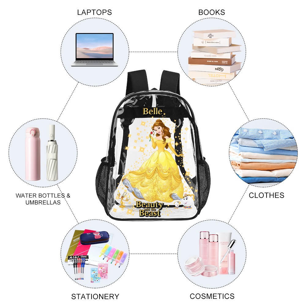 Belle from The Beauty and the Beast – Transparent Bag 17 inch 2024 New Clear Backpack Cool Kiddo 16