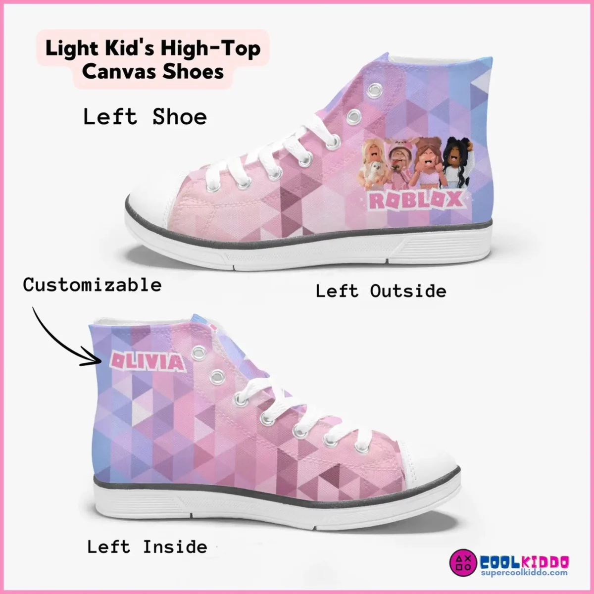 Roblox Girls Personalized High-Top Sneakers for Children – Pink and Purple geometric background Cool Kiddo 12