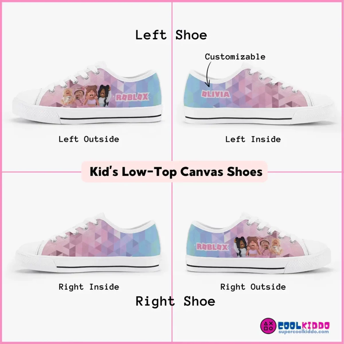 Roblox Girls Personalized Low-Top Sneakers for Children – Pink and Purple geometric background Cool Kiddo 12