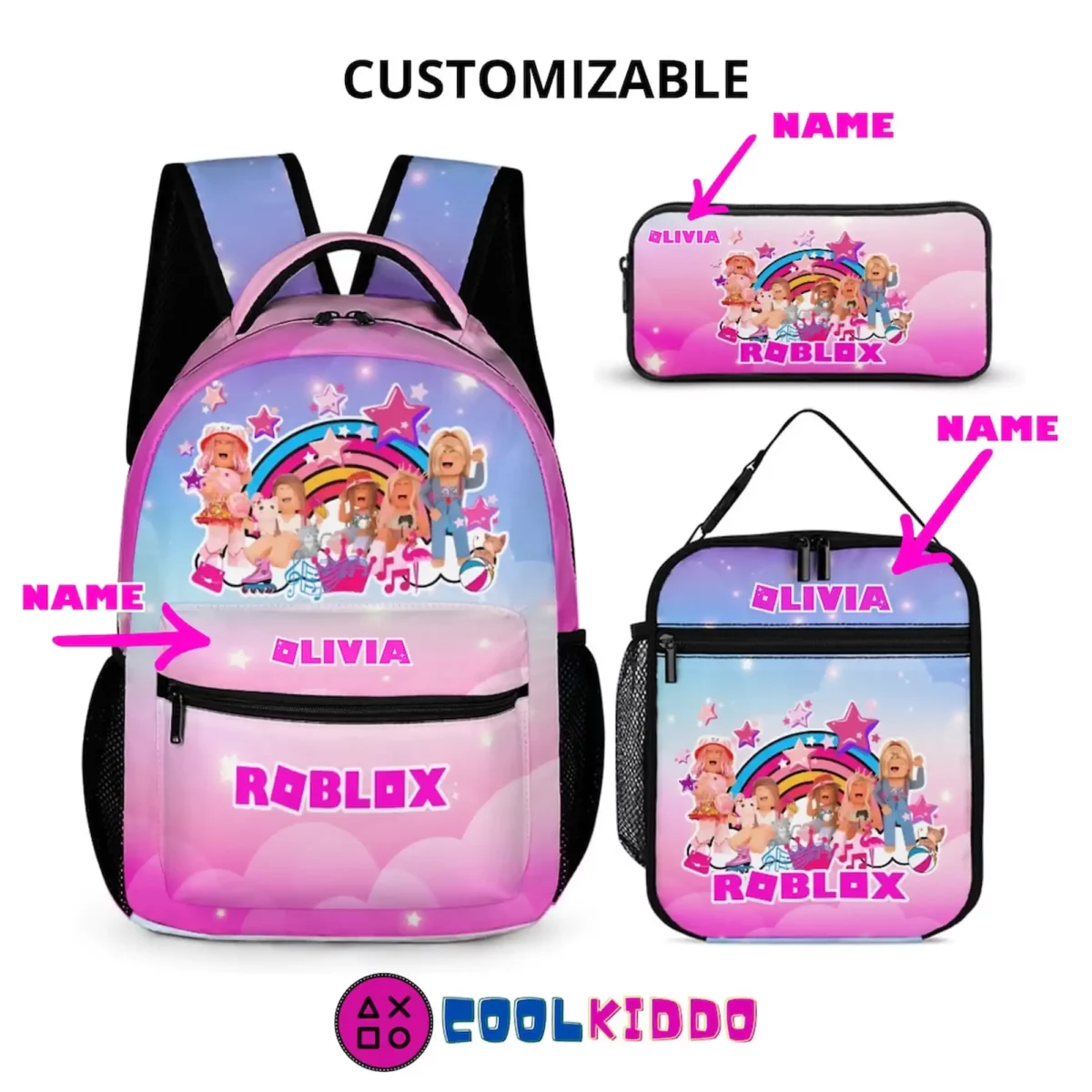 Customizable Roblox Girl backpack, lunch bag and pencil case package | Back to School combo Cool Kiddo 10