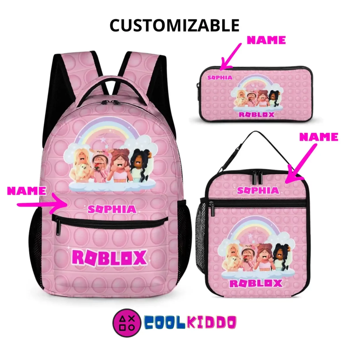 Personalized Roblox Pink Backpack for Girls – Three-Piece Set: Backpack, Lunch Bag, and Pencil Case Cool Kiddo 12