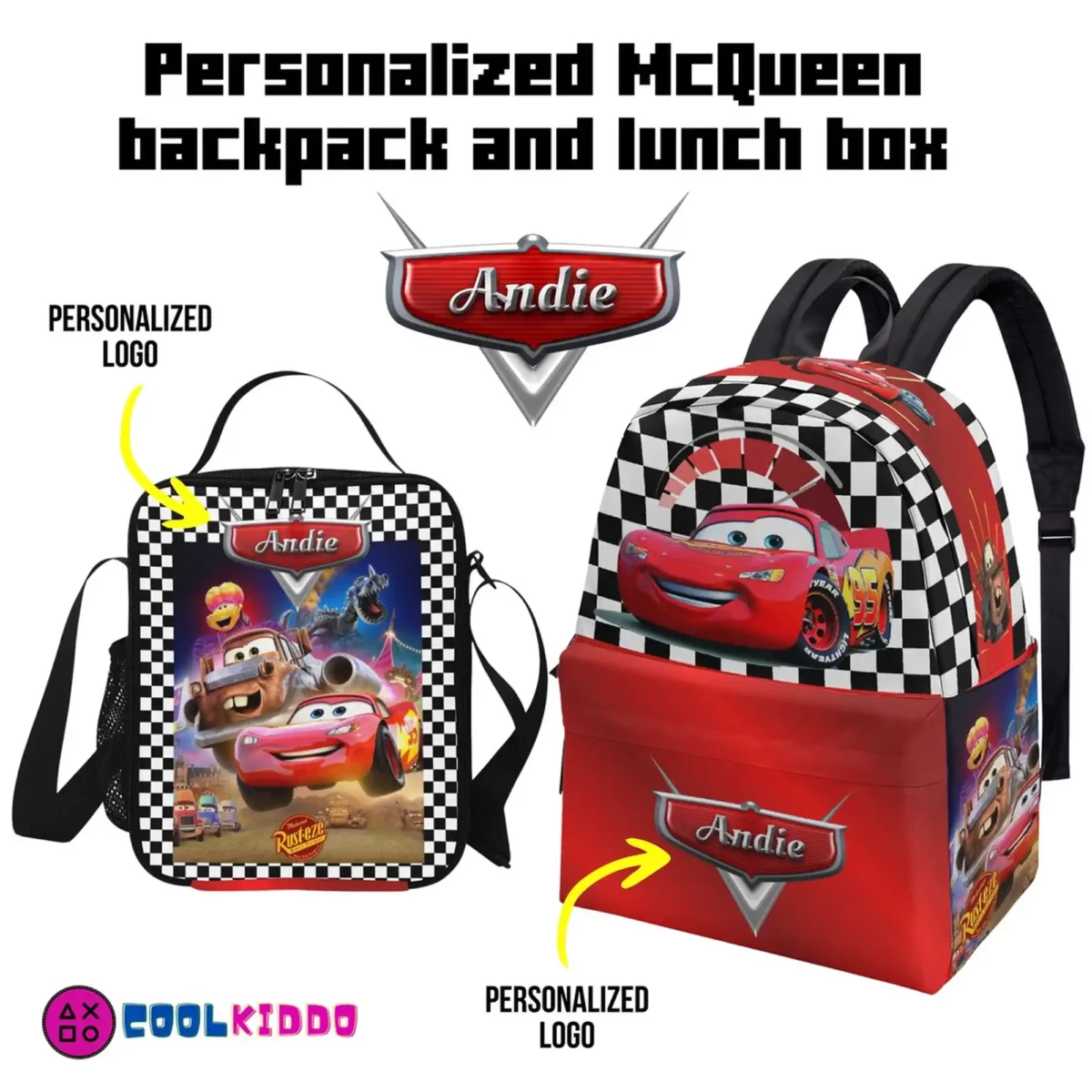 Personalized Lightning McQueen Lunch Bag for kids. Insulated interior Lunchbox from Cars Cartoon Cool Kiddo 12