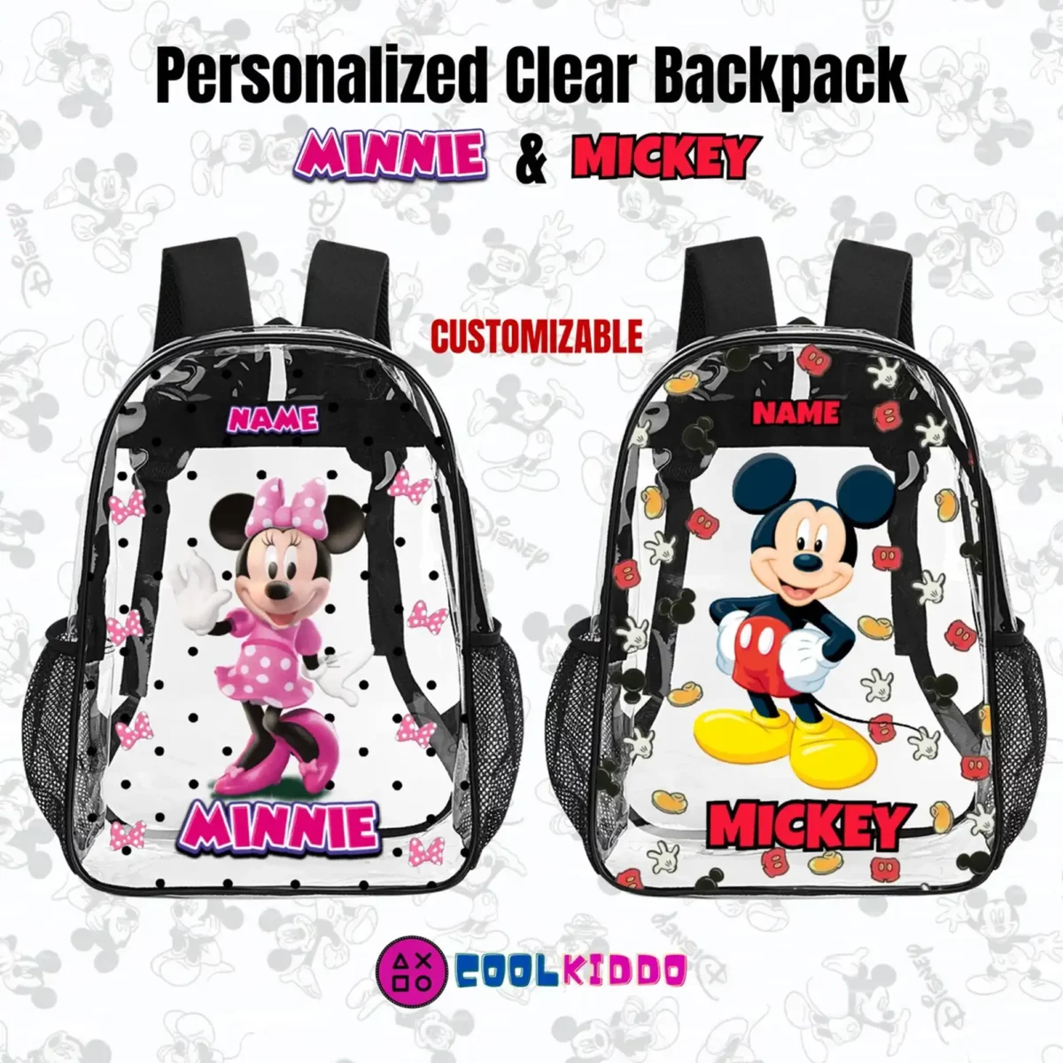 Minney Mouse Personalized Transparent Backpack – 17 Inches Clear Book Bag Cool Kiddo 12