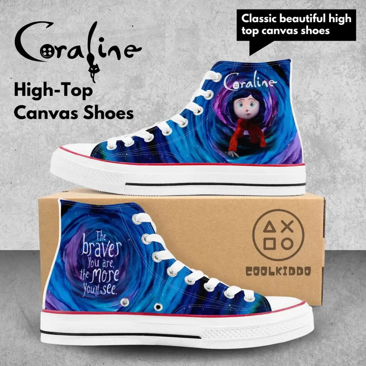 Custom Coraline High-Top Canvas Sneakers, Tim Burton’s animated movie Inspired Casual Shoes for Youth/Adults Cool Kiddo 10