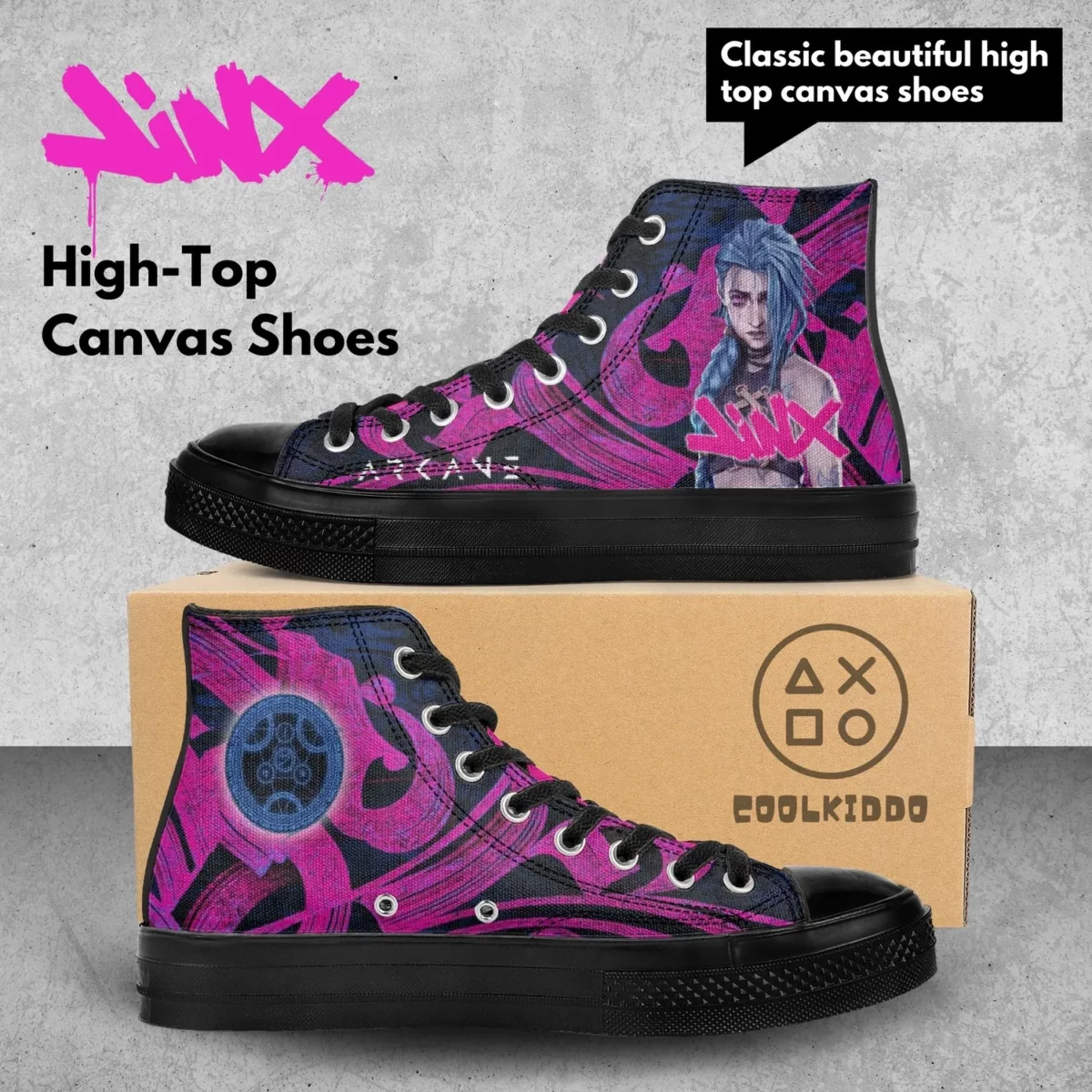Custom Jinx from ARCANE High-Top Canvas Sneakers, Animated Series Inspired Casual Shoes for Youth/Adults Cool Kiddo 10