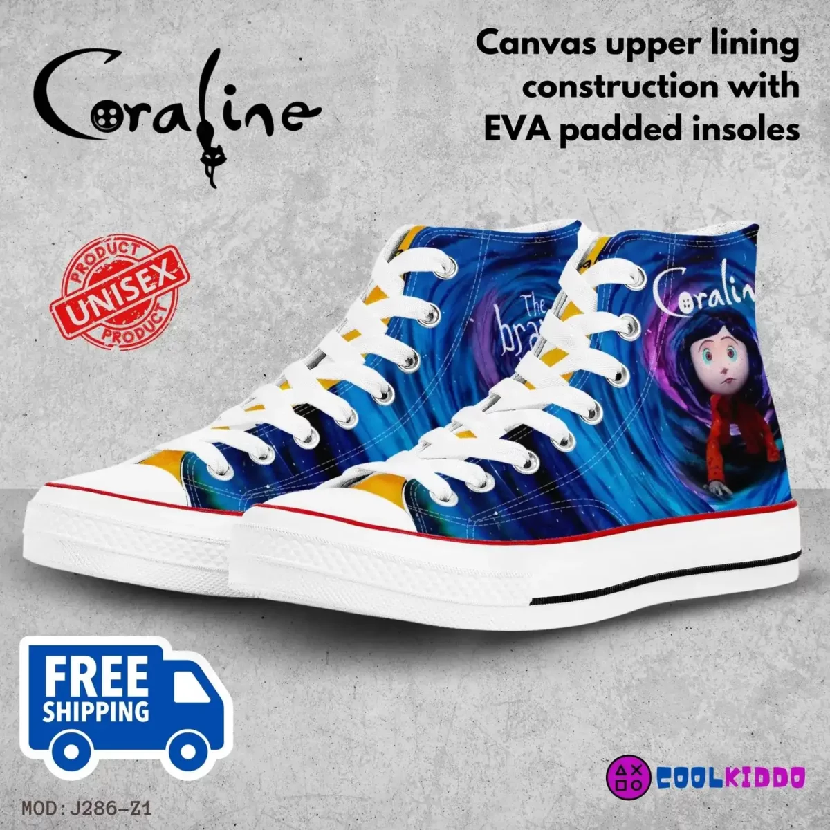 Custom Coraline High-Top Canvas Sneakers, Tim Burton’s animated movie Inspired Casual Shoes for Youth/Adults Cool Kiddo 18