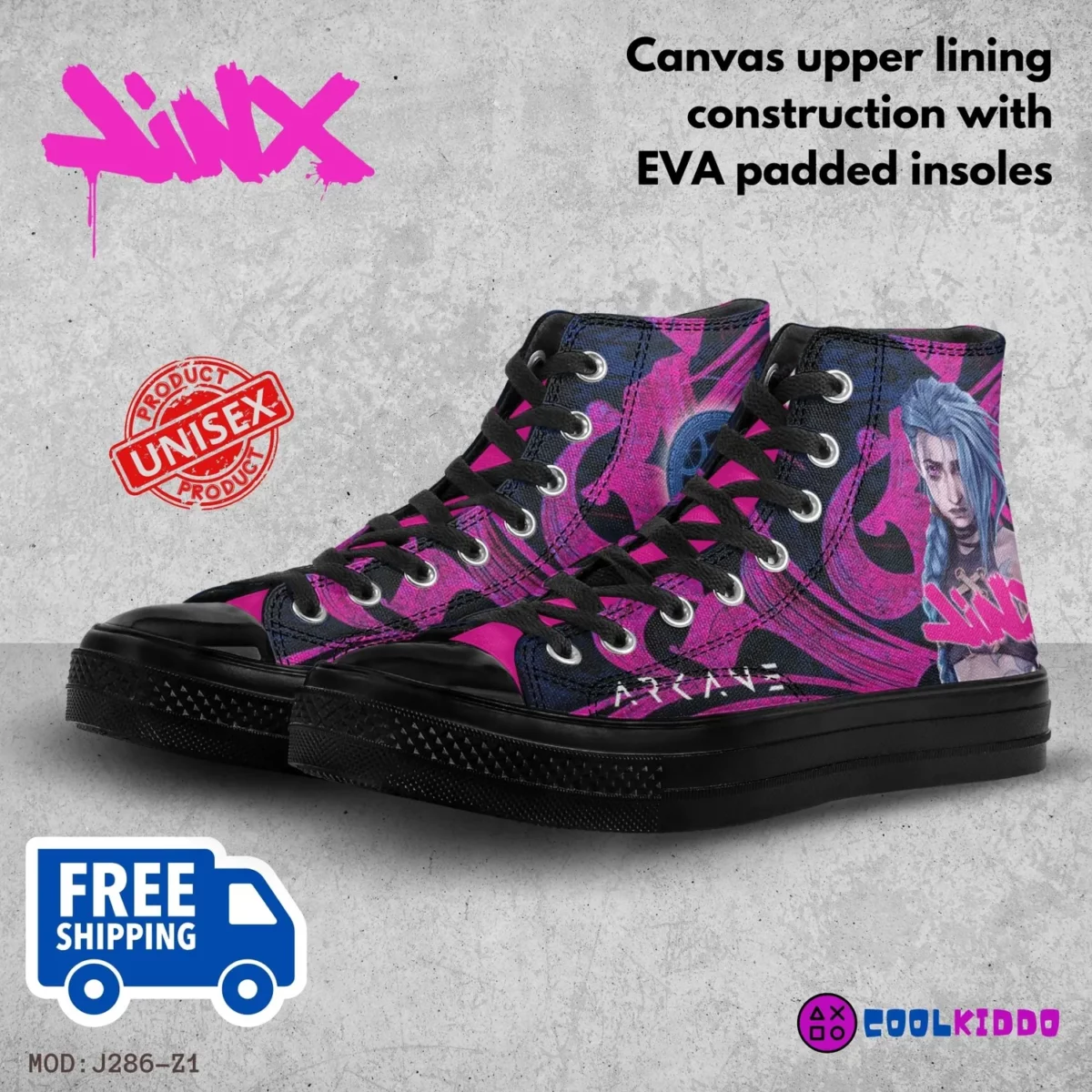 Custom Jinx from ARCANE High-Top Canvas Sneakers, Animated Series Inspired Casual Shoes for Youth/Adults Cool Kiddo 14