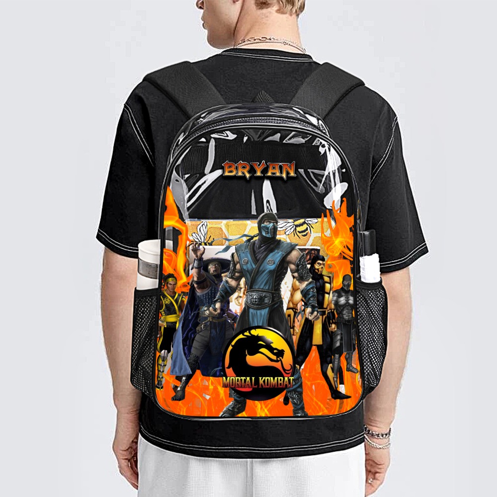 Customized Mortal Kombat Backpack Video Game Inspired Transparent Bag 17-inch Clear Book Bag for School – Name personalized Cool Kiddo 18