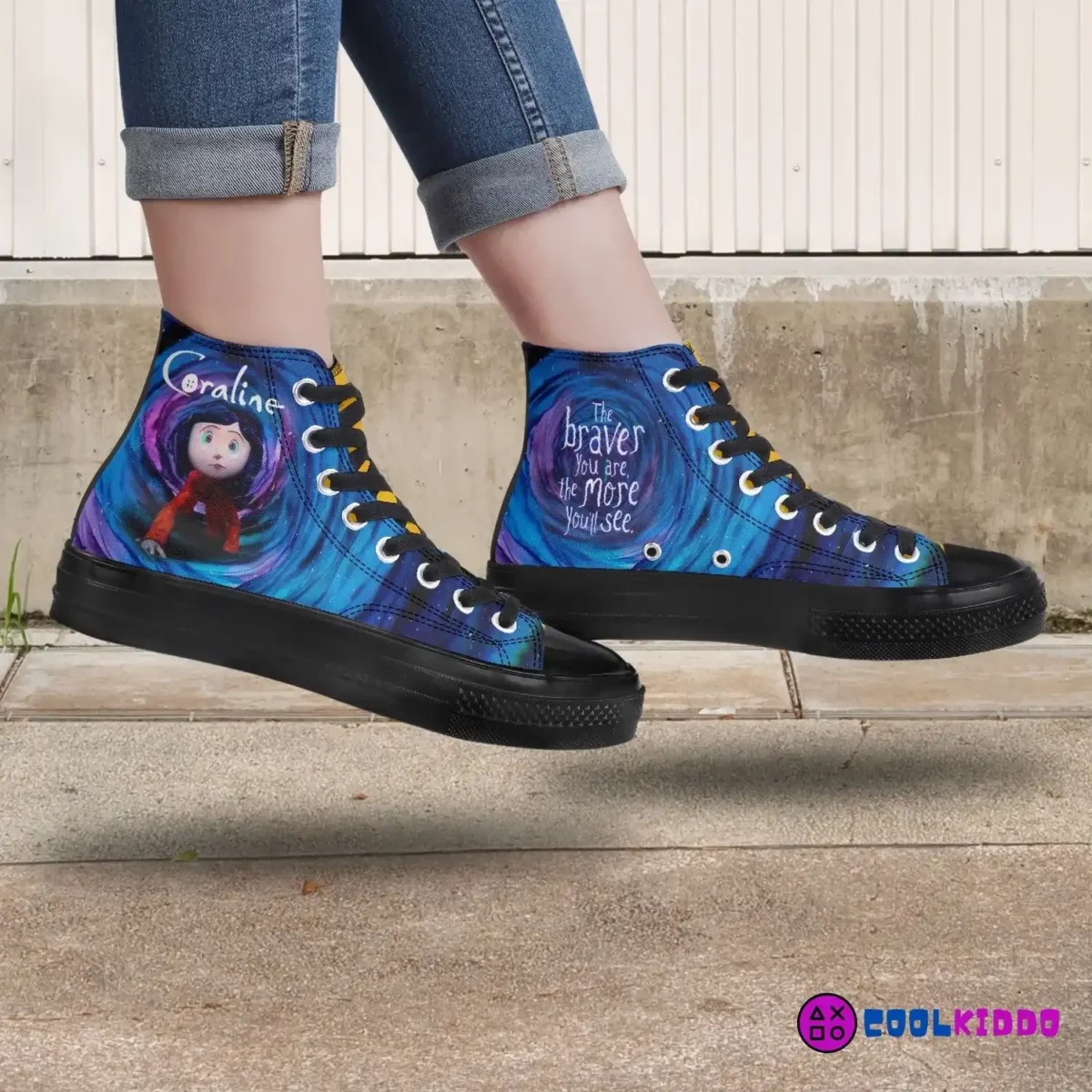 Custom Coraline High-Top Canvas Sneakers, Tim Burton’s animated movie Inspired Casual Shoes for Youth/Adults Cool Kiddo 24