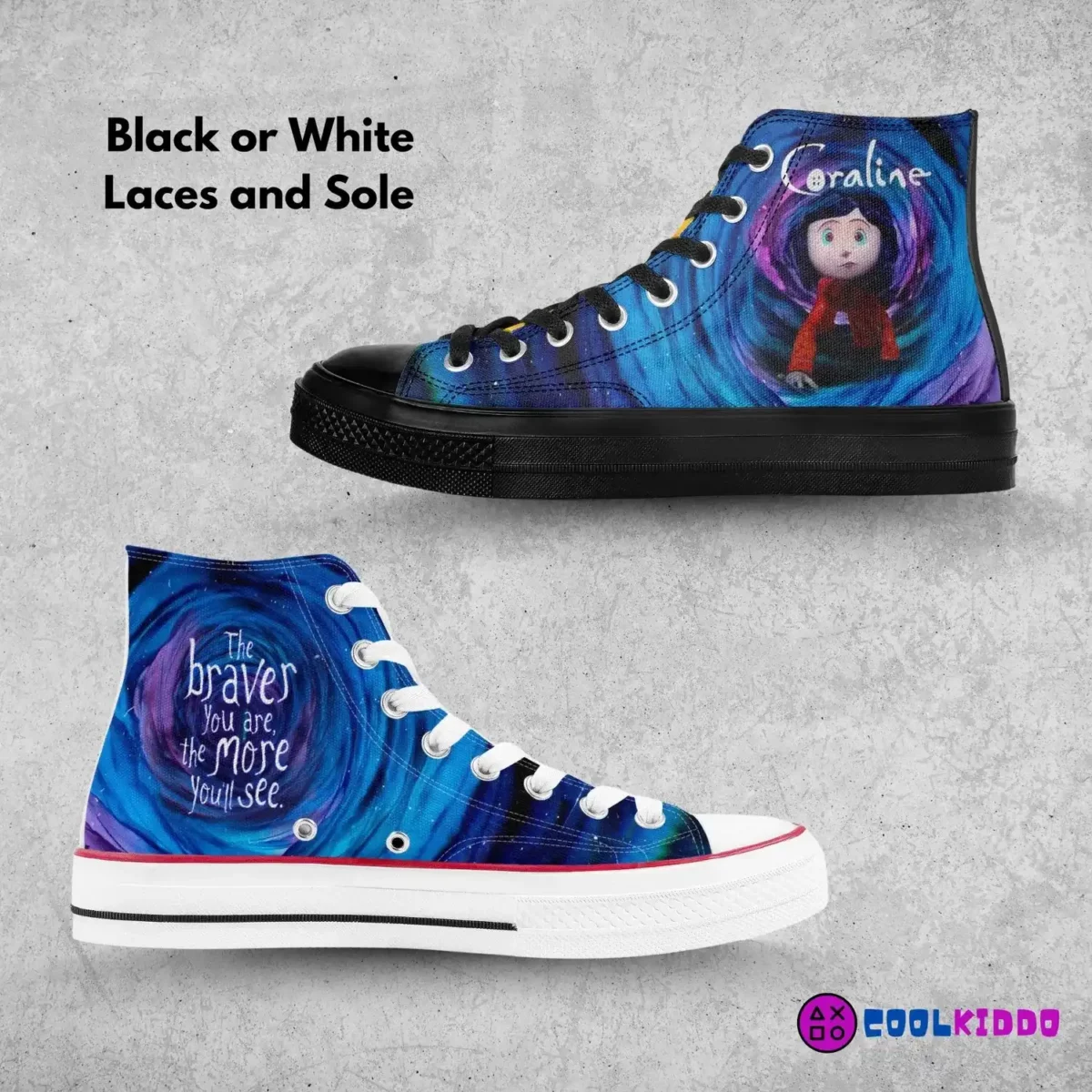 Custom Coraline High-Top Canvas Sneakers, Tim Burton’s animated movie Inspired Casual Shoes for Youth/Adults Cool Kiddo 12