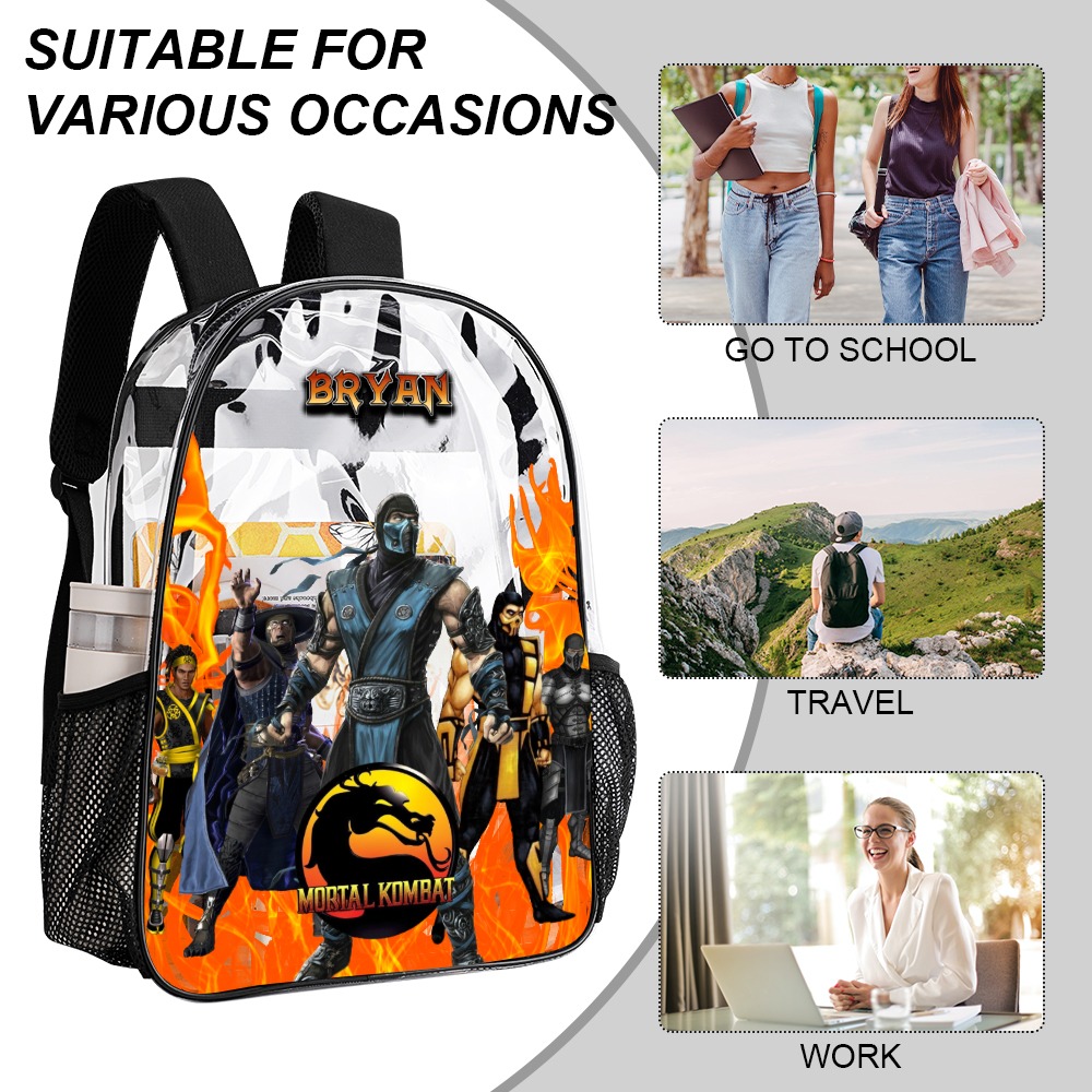 Customized Mortal Kombat Backpack Video Game Inspired Transparent Bag 17-inch Clear Book Bag for School – Name personalized Cool Kiddo 22