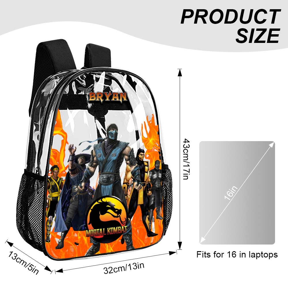 Customized Mortal Kombat Backpack Video Game Inspired Transparent Bag 17-inch Clear Book Bag for School – Name personalized Cool Kiddo 14