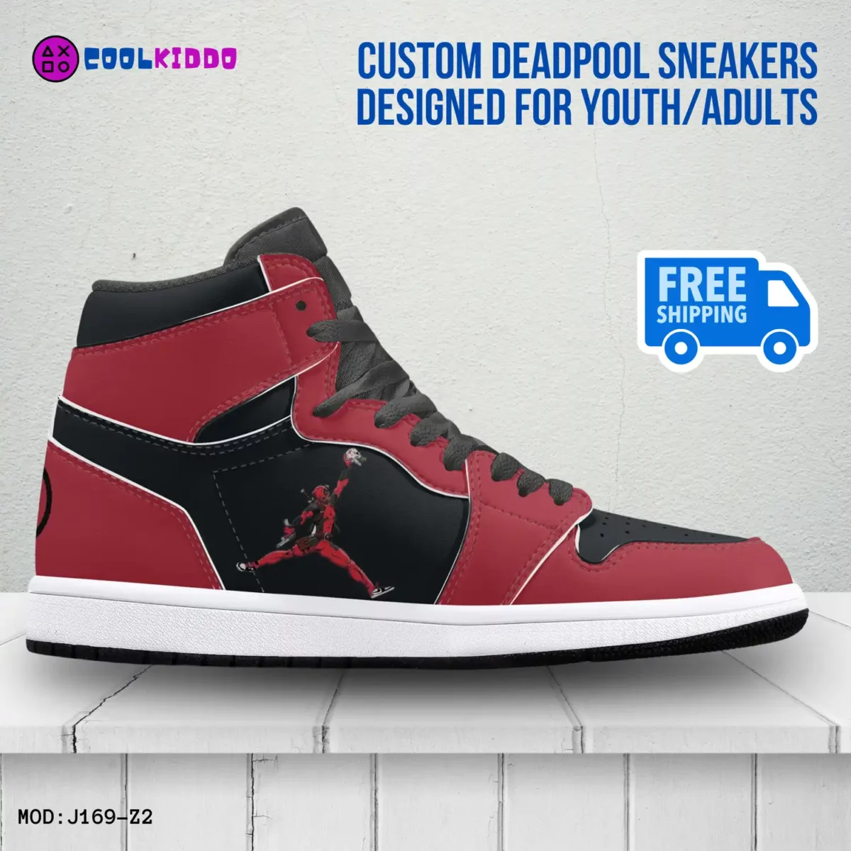 Deadpool AJ1 Black and Red High-Tops Leather Sneakers For Youth/Adults Cool Kiddo 10